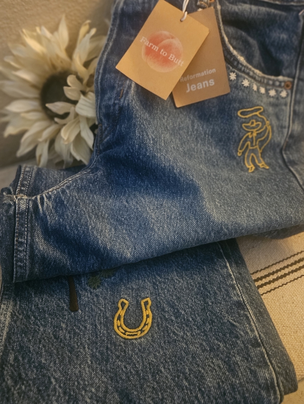 Reformation Blue Straight-Leg Jeans with Yellow & Green Embroidery Juno Size 31 - Picture 8 of 16